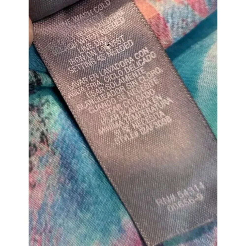 Fairycore Blue Green Chiffon Abstract Floral One Flared Sleeve Flowy Dress Sz 4 - Picture 8 of 8